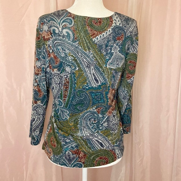Tesori‎ Super Soft Knit Paisley Print Top Scoop Neck 3/4 Sleeve Multicolor BB140 - Picture 5 of 8